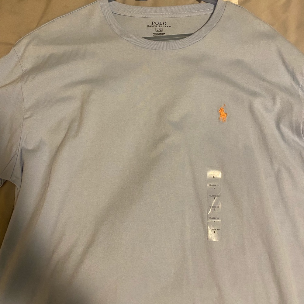 Baby blue polo shirt with orange horse.